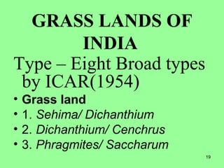 19
GRASS LANDS OF
INDIA
Type – Eight Broad types
by ICAR(1954)
• Grass land
• 1. Sehima/ Dichanthium
• 2. Dichanthium/ Cenchrus
• 3. Phragmites/ Saccharum
 