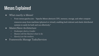 Mesos Explained
● What exactly is Mesos?
○ From mesos.apache.com - “Apache Mesos abstracts CPU, memory, storage, and other compute
resources away from machines (physical or virtual), enabling fault-tolerant and elastic distributed
systems to easily be built and run effectively.”
● Master/Slave Architecture
○ Zookeeper elects a Leader
○ Masters tell the Slave(s) what to do
○ Slave(s) are the workers
● Frameworks Manage Tasks/Services
 