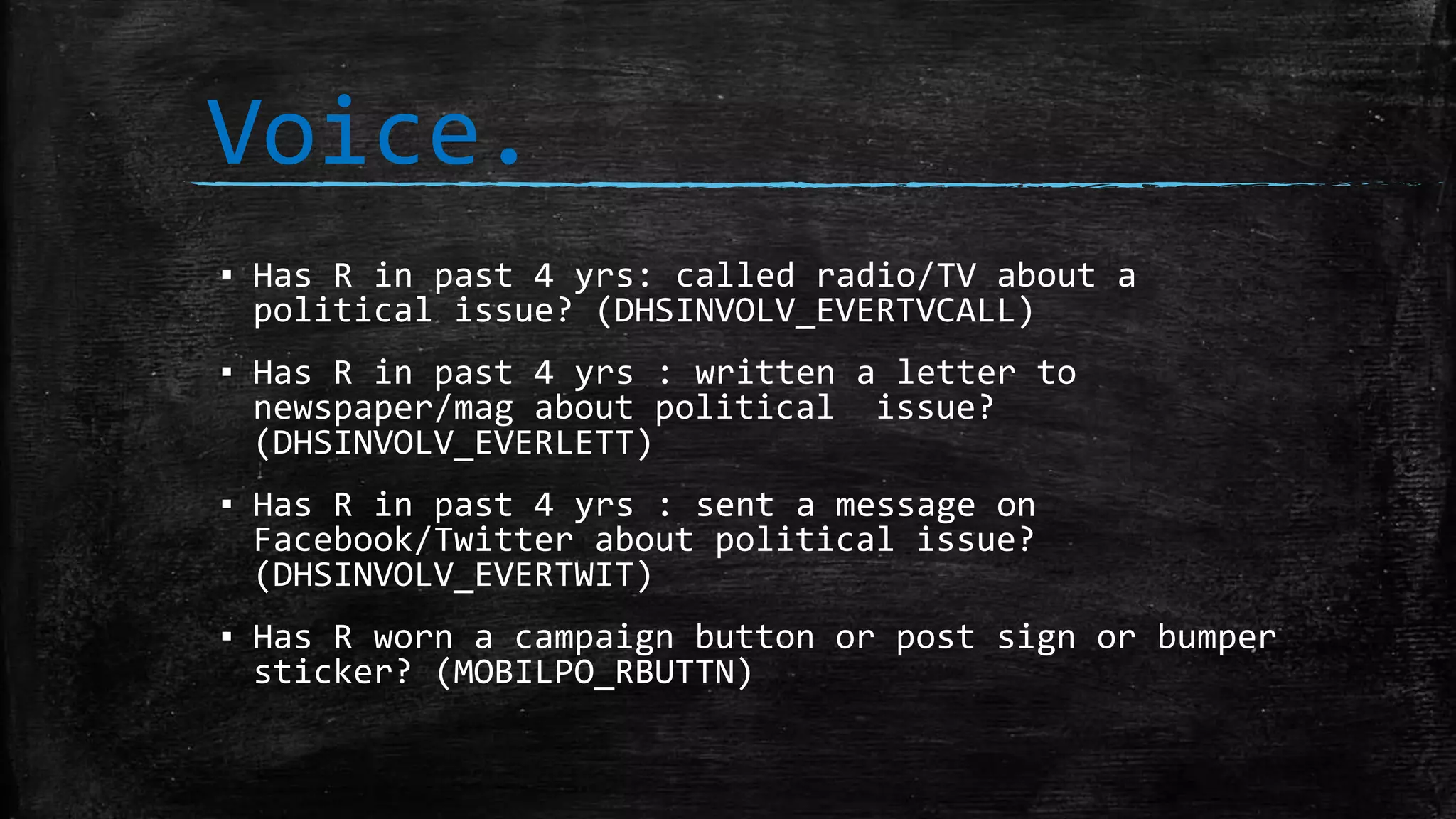 Voice.
▪ Has R in past 4 yrs: called radio/TV about a
political issue? (DHSINVOLV_EVERTVCALL)
▪ Has R in past 4 yrs : written a letter to
newspaper/mag about political issue?
(DHSINVOLV_EVERLETT)
▪ Has R in past 4 yrs : sent a message on
Facebook/Twitter about political issue?
(DHSINVOLV_EVERTWIT)
▪ Has R worn a campaign button or post sign or bumper
sticker? (MOBILPO_RBUTTN)
 