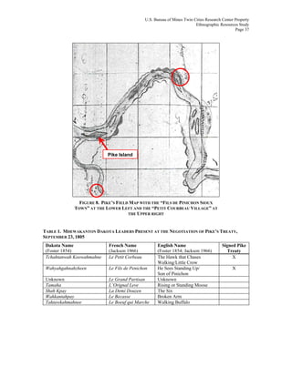 U.S. Bureau of Mines Twin Cities Research Center Property
Ethnographic Resources Study
Page 37
FIGURE 8. PIKE’S FIELD MAP WITH THE “FILS DE PINICHON SIOUX
TOWN” AT THE LOWER LEFT AND THE “PETIT COURBEAU VILLAGE” AT
THE UPPER RIGHT
TABLE 1. MDEWAKANTON DAKOTA LEADERS PRESENT AT THE NEGOTIATION OF PIKE’S TREATY,
SEPTEMBER 23, 1805
Dakota Name
(Foster 1854)
French Name
(Jackson 1966)
English Name
(Foster 1854; Jackson 1966)
Signed Pike
Treaty
Tchahtanwah Koowahmahne Le Petit Corbeau The Hawk that Chases
Walking/Little Crow
X
Wahyahgahnahzheen Le Fils de Penichon He Sees Standing Up/
Son of Pinichon
X
Unknown Le Grand Partisan Unknown
Tamaha L’Orignal Leve Rising or Standing Moose
Shah Kpay La Demi Douzen The Six
Wahkantahpay Le Becasse Broken Arm
Tahtawkahmahnee Le Boeuf qui Marche Walking Buffalo
Pike Island
 