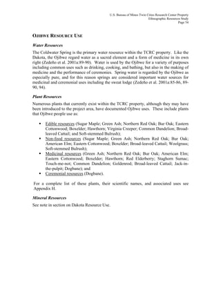 U.S. Bureau of Mines Twin Cities Research Center Property
Ethnographic Resources Study
Page 54
OJIBWE RESOURCE USE
Water Resources
The Coldwater Spring is the primary water resource within the TCRC property. Like the
Dakota, the Ojibwe regard water as a sacred element and a form of medicine in its own
right (Zedeño et al. 2001a:89-90). Water is used by the Ojibwe for a variety of purposes
including common uses such as drinking, cooking, and bathing, but also in the making of
medicine and the performance of ceremonies. Spring water is regarded by the Ojibwe as
especially pure, and for this reason springs are considered important water sources for
medicinal and ceremonial uses including the sweat lodge (Zedeño et al. 2001a:85-86, 89-
90, 94).
Plant Resources
Numerous plants that currently exist within the TCRC property, although they may have
been introduced to the project area, have documented Ojibwe uses. These include plants
that Ojibwe people use as:
Edible resources (Sugar Maple; Green Ash; Northern Red Oak; Bur Oak; Eastern
Cottonwood; Boxelder; Hawthorn; Virginia Creeper; Common Dandelion; Broad-
leaved Cattail; and Soft-stemmed Bulrush);
Non-food resources (Sugar Maple; Green Ash; Northern Red Oak; Bur Oak;
American Elm; Eastern Cottonwood; Boxelder; Broad-leaved Cattail; Woolgrass;
Soft-stemmed Bulrush);
Medicinal resources (Green Ash; Northern Red Oak; Bur Oak; American Elm;
Eastern Cottonwood; Boxelder; Hawthorn; Red Elderberry; Staghorn Sumac;
Touch-me-not; Common Dandelion; Goldenrod; Broad-leaved Cattail; Jack-in-
the-pulpit; Dogbane); and
Ceremonial resources (Dogbane).
For a complete list of these plants, their scientific names, and associated uses see
Appendix H.
Mineral Resources
See note in section on Dakota Resource Use.
 