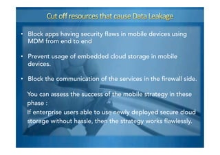 •  Block apps having security flaws in mobile devices using
MDM from end to end
•  Prevent usage of embedded cloud storage in mobile
devices.
•  Block the communication of the services in the firewall side.
You can assess the success of the mobile strategy in these
phase :
If enterprise users able to use newly deployed secure cloud
storage without hassle, then the strategy works flawlessly.
 