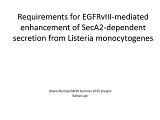 Requirements for EGFRvIII-mediated
enhancement of SecA2-dependent
secretion from Listeria monocytogenes
Shane Klumpp EACRI Summer 2015 project
Bahjat Lab
 