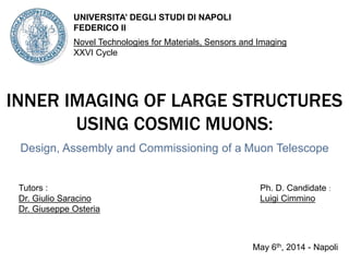 INNER IMAGING OF LARGE STRUCTURES
USING COSMIC MUONS:
Design, Assembly and Commissioning of a Muon Telescope
Novel Technologies for Materials, Sensors and Imaging
XXVI Cycle
UNIVERSITA’ DEGLI STUDI DI NAPOLI
FEDERICO II
Ph. D. Candidate :
Luigi Cimmino
Tutors :
Dr. Giulio Saracino
Dr. Giuseppe Osteria
May 6th, 2014 - Napoli
 
