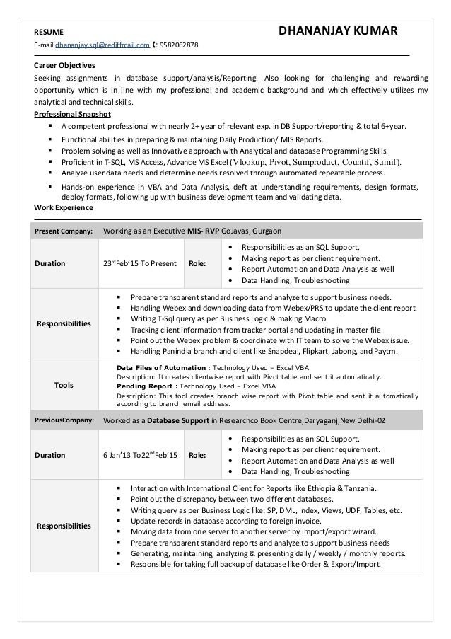 resume dhananjay kumar e maildhananjaysqlrediffmailcom tools multi report