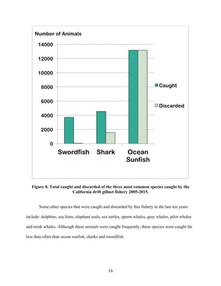 16	
Figure 8. Total caught and discarded of the three most common species caught by the
California drift gillnet fishery 2005-2015.
Some other species that were caught and discarded by this fishery in the last ten years
include: dolphins, sea lions, elephant seals, sea turtles, sperm whales, gray whales, pilot whales
and mink whales. Although these animals were caught frequently, these species were caught far
less than often than ocean sunfish, sharks and swordfish.
0
2000
4000
6000
8000
10000
12000
14000
Swordfish Shark Ocean
Sunfish
Caught
Discarded
Number of Animals
 