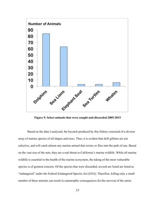 17	
Figure 9. Select animals that were caught and discarded 2005-2015
Based on the data I analyzed, the bycatch produced by this fishery consisted of a diverse
array of marine species of all shapes and sizes. Thus, it is evident that drift gillnets are not
selective, and will catch almost any marine animal that swims or flies into the path of one. Based
on the vast size of the nets, they are a real threat to California’s marine wildlife. While all marine
wildlife is essential to the health of the marine ecosystem, the taking of the most vulnerable
species is of greatest concern. Of the species that were discarded, several are listed are listed as
“endangered” under the Federal Endangered Species Act (ESA). Therefore, killing only a small
number of these animals can result in catastrophic consequences for the survival of the entire
0
10
20
30
40
50
60
70
80
90
Number of Animals
 