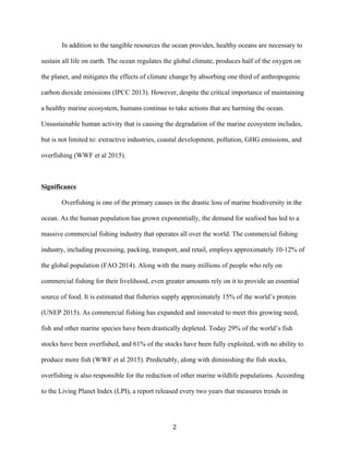 2	
In addition to the tangible resources the ocean provides, healthy oceans are necessary to
sustain all life on earth. The ocean regulates the global climate, produces half of the oxygen on
the planet, and mitigates the effects of climate change by absorbing one third of anthropogenic
carbon dioxide emissions (IPCC 2013). However, despite the critical importance of maintaining
a healthy marine ecosystem, humans continue to take actions that are harming the ocean.
Unsustainable human activity that is causing the degradation of the marine ecosystem includes,
but is not limited to: extractive industries, coastal development, pollution, GHG emissions, and
overfishing (WWF et al 2015).
Significance
Overfishing is one of the primary causes in the drastic loss of marine biodiversity in the
ocean. As the human population has grown exponentially, the demand for seafood has led to a
massive commercial fishing industry that operates all over the world. The commercial fishing
industry, including processing, packing, transport, and retail, employs approximately 10-12% of
the global population (FAO 2014). Along with the many millions of people who rely on
commercial fishing for their livelihood, even greater amounts rely on it to provide an essential
source of food. It is estimated that fisheries supply approximately 15% of the world’s protein
(UNEP 2015). As commercial fishing has expanded and innovated to meet this growing need,
fish and other marine species have been drastically depleted. Today 29% of the world’s fish
stocks have been overfished, and 61% of the stocks have been fully exploited, with no ability to
produce more fish (WWF et al 2015). Predictably, along with diminishing the fish stocks,
overfishing is also responsible for the reduction of other marine wildlife populations. According
to the Living Planet Index (LPI), a report released every two years that measures trends in
 
