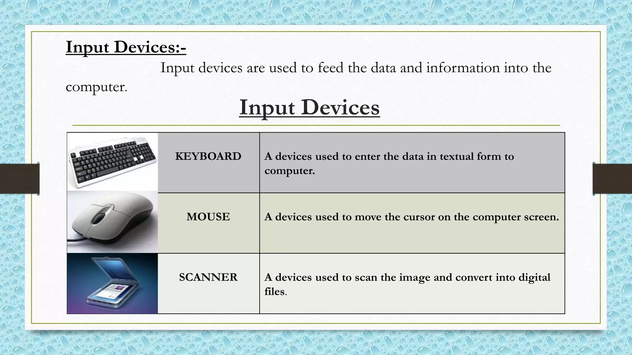 Input Devices
KEYBOARD A devices used to enter the data in textual form to
computer.
MOUSE A devices used to move the cursor on the computer screen.
SCANNER A devices used to scan the image and convert into digital
files.
Input Devices:-
Input devices are used to feed the data and information into the
computer.
 