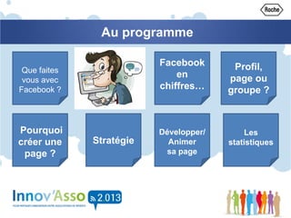 Au programme
Que faites
vous avec
Facebook ?
Facebook
en
chiffres…
Profil,
page ou
groupe ?
Pourquoi
créer une
page ?
Stratégie
Développer/
Animer
sa page
Les
statistiques
 