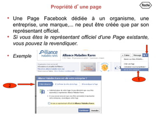 Propriété d’une page
• Une Page Facebook dédiée à un organisme, une
entreprise, une marque,... ne peut être créée que par son
représentant officiel.
• Si vous êtes le représentant officiel d'une Page existante,
vous pouvez la revendiquer.
• Exemple
1
2
 