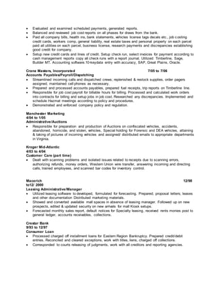  Evaluated and examined scheduled payments, generated reports. 
 Balanced and reviewed job cost reports on all phases for draws from the bank. 
 Paid all company bills, health ins, bank statements, vehicles license tags decals etc., job c osting 
credit cards, workers comp, general liability, real estate taxes and personal property on each parcel 
paid all utilities on each parcel, business license, research payments and discrepancies establishing 
good credit for company. 
 Setup new credit cards and lines of credit. Setup check run, select invoices for payment according to 
cash management reports copy all check runs with a report journal. Utilized: Timberline, Sage, 
Builder MT. Accounting software.10-keydata entry with accuracy, SAP, Great Plains, Oracle. 
Crane Masters, Incorporated 7/05 to 7/06 
Accounts Payables/Payroll/Dispatching 
 Streamlined incoming calls and dispatched crews; replenished & restock supplies, order pagers 
assigned, maintained cell phones as necessary. 
 Prepared and processed accounts payables, prepared fuel receipts, trip reports on Timberline line. 
 Responsible for job cost payroll for billable hours for billing. Processed and calculated work orders 
into contracts for billing and setup jobs in job cost. Researched any discrepancies. Implemented and 
schedule Hazmat meetings according to policy and procedures. 
 Demonstrated and enforced company policy and regulation. 
Manchester Marketing 
4/04 to 1/05 
Administrative/Auctions 
 Responsible for preparation and production of Auctions on confiscated vehicles, accidents, 
abandoned, homicide, and stolen, vehicles, Special holding for Forensic and DEA vehicles, attaining 
& taking of pictures of incoming vehicles and assigned/ distributed emails to appropriate departments 
in Virginia. 
Kroger Mid-Atlantic 
4/03 to 4/04 
Customer Care (part time) 
 Dealt with scanning problems and isolated issues related to receipts due to scanning errors, 
authorizing refunds, money orders, Western Union wire transfer, answering incoming and directing 
calls, trained employees, and scanned bar codes for inventory control. 
Macerich 12/98 
to12/ 2000 
Leasing Administrative/Manager 
 Utilized leasing software to developed, formulated for forecasting. Prepared; proposal letters; leases 
and other documentation Distributed market ing materials. 
 Showed and converted available mall spaces in absence of leasing manager. Followed up on new 
prospects, edited & updated security on new arrivals for mall Kiosk setups. 
 Forecasted monthly sales report, default notices for Specialty leasing, received rents monies post to 
general ledger, accounts receivables, collections. 
Crestar Bank 
9/93 to 12/97 
Consumer Loan 
 Processed charged off installment loans for Eastern Region Bankruptcy. Prepared credit/debit 
entries. Reconciled and cleared exceptions, work with titles, liens, charged off collections. 
 Corresponded to courts releasing of judgments, work with all creditors and reporting agencies. 
 