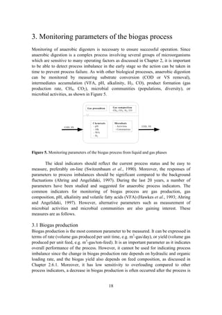 18
3. Monitoring parameters of the biogas process
Monitoring of anaerobic digesters is necessary to ensure successful operation. Since
anaerobic digestion is a complex process involving several groups of microorganisms
which are sensitive to many operating factors as discussed in Chapter 2, it is important
to be able to detect process imbalance in the early stage so the action can be taken in
time to prevent process failure. As with other biological processes, anaerobic digestion
can be monitored by measuring substrate conversion (COD or VS removal),
intermediates accumulation (VFA, pH, alkalinity, H2, CO), product formation (gas
production rate, CH4, CO2), microbial communities (populations, diversity), or
microbial activities, as shown in Figure 5.
COD, VS COD, VS
Gas composition
CH4, CO2, H2, CO
Gas procudtion
Chemicals
- pH
- Alk
- VFA
- H2
Microbials
- Activities
- Communities
Figure 5. Monitoring parameters of the biogas process from liquid and gas phases
The ideal indicators should reflect the current process status and be easy to
measure, preferably on-line (Switzenbaum et al., 1990). Moreover, the responses of
parameters to process imbalances should be significant compared to the background
fluctuations (Ahring and Angelidaki, 1997). During the last 20 years, a number of
parameters have been studied and suggested for anaerobic process indicators. The
common indicators for monitoring of biogas process are gas production, gas
composition, pH, alkalinity and volatile fatty acids (VFA) (Hawkes et al., 1993; Ahring
and Angelidaki, 1997). However, alternative parameters such as measurement of
microbial activities and microbial communities are also gaining interest. These
measures are as follows.
3.1 Biogas production
Biogas production is the most common parameter to be measured. It can be expressed in
terms of rate (volume gas produced per unit time, e.g. m3
-gas/day), or yield (volume gas
produced per unit feed, e.g. m3
-gas/ton-feed). It is an important parameter as it indicates
overall performance of the process. However, it cannot be used for indicating process
imbalance since the change in biogas production rate depends on hydraulic and organic
loading rate, and the biogas yield also depends on feed composition, as discussed in
Chapter 2.6.1. Moreover, it has low sensitivity to overloading compared to other
process indicators, a decrease in biogas production is often occurred after the process is
 