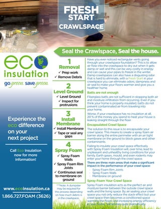FRESH
START
CRAWLSPACE
Call Eco Insulation
now for more
information!
Experience the
eco difference
on your
next project
1.866.727.FOAM (3626)
www.ecoinsulation.ca
99 Prep work
99 Remove Debris
Seal the Crawlspace, Seal the house.
99 Level Ground
99 Inspect for
protrusions
99 Install Membrane
99 Tape or seal any
gaps
1
Removal
2
Level Ground
3
Install
Membrane
99 Spray Foam
Walls
99 Spray Foam Rim
Joists
99 Continuous seal
to membrane on
ground
4
Spray Foam
***Note: A dumpster
may be required for
this process depending
on how much debris is
in the crawlspace.
Have you ever noticed rectangular vents going
through your crawlspace foundation? This is to allow
air flow into the crawlspace to dry out when it gets
damp or wet and this can be very costly in energy
and can cause your pipes to freeze in the winter.
Damp crawlspaces can also have a disgusting odor
that is hard to eliminate, with a Fresh Start in your
crawlspace you can eliminate odors, dampness and
air seal to make your floors warmer and give you a
healthier home.
Batts are not enough
Fiberglass batts are not sufficient in stopping both air
and moisture infiltration from occurring. Even if you
think your home is properly insulated, batts do not
prevent contaminated air from traveling into
your home.
Worse, if your crawlspace has no insulation at all,
20 % of the money you spend to heat your house is
leaking straight through the floor.
Encapsulated Crawl Space
The solution to this issue is to encapsulate your
crawl space. This means to create a spray foam air
barrier along the entire perimeter with an air tight
membrane on the ground to block gases and other
contaminants.
Failing to insulate your crawl space effectively
with Spray Foam Insulation will, over time, lead to
unpleasant and unhealthy living conditions for your
family. Earth gases, mould, and even rodents may
enter your home through the crawl space.
There are three main areas that make a significant
impact in the performance of your crawl space:
· Spray Foam Rim Joints
· Spray Foam Walls
· Membrane on ground
Spray Foam Your Crawl Space
Spray Foam insulation acts as the perfect air and
moisture barrier between the outside crawl space
walls and the living space. By air sealing your crawl
space you not only reduce the stack effect but your
crawl space then becomes a conditioned space
warming the floors and increasing energy efficiency
in your home. Sometimes quite dramatically.
 