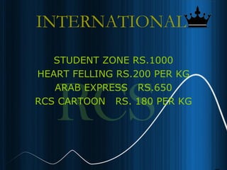 15
INTERNATIONAL
STUDENT ZONE RS.1000
HEART FELLING RS.200 PER KG
ARAB EXPRESS RS.650
RCS CARTOON RS. 180 PER KG
 