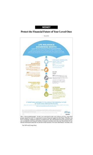 Protect the Financial Future of Your Loved Ones
MONEY
NewsUSA
NewsUSA
(NU) - NewsusaInfographic - In life, you work hard to take care of those you love. And when
people depend on you, it’s important to ensure financial support for the future. Whether you
have a mortgage, childcare expenses or student loans, the cash benefits from life insurance poli-
cies can help provide financial stability for family members down the road. Read below for ad-
ditional information about the ins and outs of life insurance. For more information, visit aflac.com.
See full-sized image here.
 
