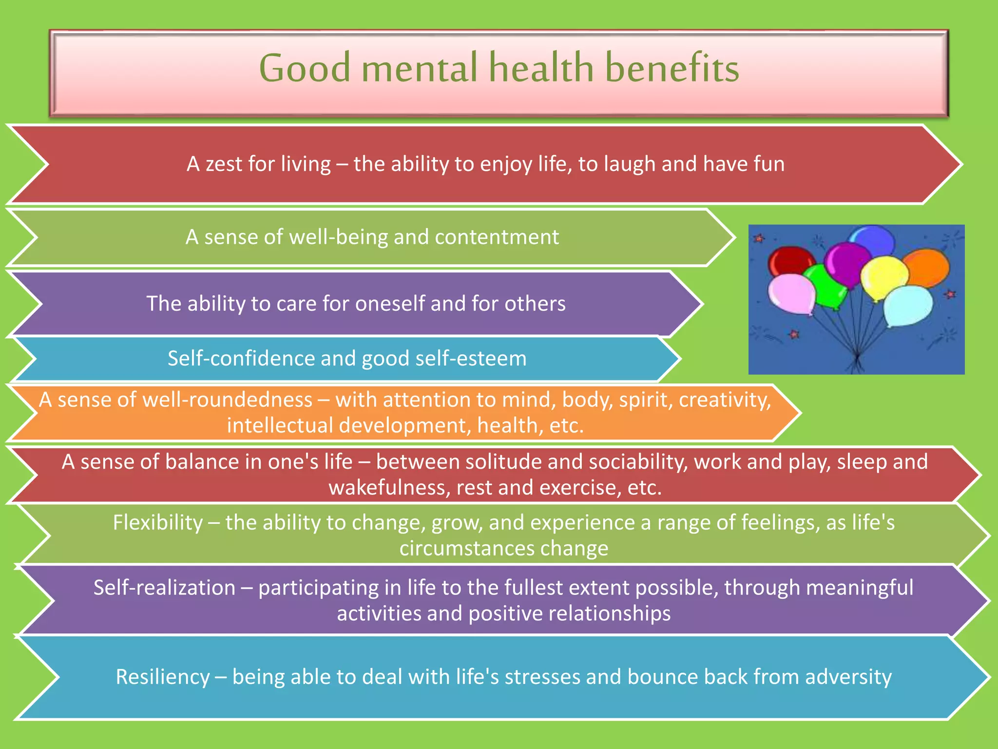 Goodmental health benefits
A zest for living – the ability to enjoy life, to laugh and have fun
A sense of well-being and contentment
The ability to care for oneself and for others
Self-confidence and good self-esteem
A sense of well-roundedness – with attention to mind, body, spirit, creativity,
intellectual development, health, etc.
A sense of balance in one's life – between solitude and sociability, work and play, sleep and
wakefulness, rest and exercise, etc.
Flexibility – the ability to change, grow, and experience a range of feelings, as life's
circumstances change
Self-realization – participating in life to the fullest extent possible, through meaningful
activities and positive relationships
Resiliency – being able to deal with life's stresses and bounce back from adversity
 