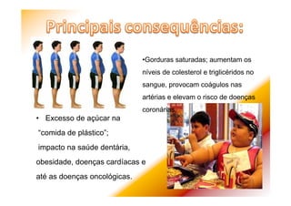 • Excesso de açúcar na
“comida de plástico”;
impacto na saúde dentária,
obesidade, doenças cardíacas e
até as doenças oncológicas.
•Gorduras saturadas; aumentam os
níveis de colesterol e triglicéridos no
sangue, provocam coágulos nas
artérias e elevam o risco de doenças
coronárias.
 