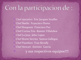 Chef ejecutivo Eric Jacques Scuiller
Chef Basilic Francisco Flores
Chef Banquete Francisco Puc
Chef Cocina Fría Ramón Villalobos
Chef La Joya Jehu Lopez
Chef Room Service Santos Gallegos
Chef Pastelero Yves Revelly
Chef Stewart Antonio García
 y sus respectivos equipos!!!!
 