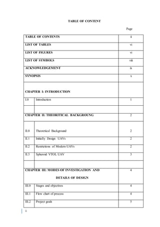 ii
TABLE OF CONTENT
Page
TABLE OF CONTENTS ii
LIST OF TABLES vi
LIST OF FIGURES vi
LIST OF SYMBOLS viii
ACKNOWLEDGEMENT ix
SYNOPSIS x
CHAPTER I: INTRODUCTION
I.0 Introduction 1
CHAPTER II: THEORITICAL BACKGROUNG 2
II.0 Theoretical Background 2
II.1 Initially Design UAVs 2
II.2 Restrictions of Modern UAVs 2
II.3 Spheroid VTOL UAV 3
CHAPTER III: MODES OF INVESTIGATION AND
DETAILS OF DESIGN
4
III.0 Stages and objectives 4
III.1 Flow chart of process 4
III.2 Project goals 5
 