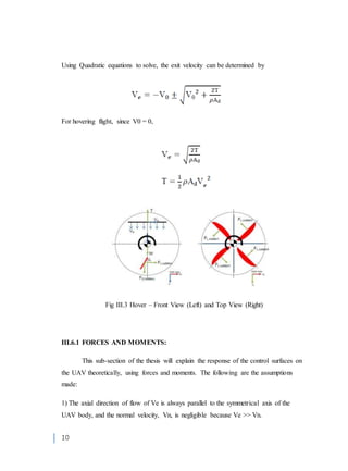 10
Using Quadratic equations to solve, the exit velocity can be determined by
For hovering flight, since V0 = 0,
Fig III.3 Hover – Front View (Left) and Top View (Right)
III.6.1 FORCES AND MOMENTS:
This sub-section of the thesis will explain the response of the control surfaces on
the UAV theoretically, using forces and moments. The following are the assumptions
made:
1) The axial direction of flow of Ve is always parallel to the symmetrical axis of the
UAV body, and the normal velocity, Vn, is negligible because Ve >> Vn.
 