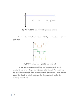 24
Fig IV.5 The BLDC has a constant torque nature as shown.
The current form required for the complete 360 degree rotation is shown in the
graph below.
Fig IV.6 The voltage form required in each of the coil
Two coils need to be energized separately with this configuration, we can
simplify this process by making a small adjustment to the stator coil. Just connect one
free end of the coils together. When the power is applied between coils A and B, note the
current flow through the coils. It can be seen that, the current flow is just like the
separately energized state.
 