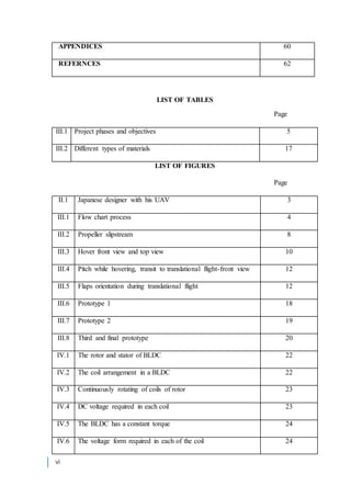 vi
APPENDICES 60
REFERNCES 62
LIST OF TABLES
Page
III.1 Project phases and objectives 5
III.2 Different types of materials 17
LIST OF FIGURES
Page
II.1 Japanese designer with his UAV 3
III.1 Flow chart process 4
III.2 Propeller slipstream 8
III.3 Hover front view and top view 10
III.4 Pitch while hovering, transit to translational flight-front view 12
III.5 Flaps orientation during translational flight 12
III.6 Prototype 1 18
III.7 Prototype 2 19
III.8 Third and final prototype 20
IV.1 The rotor and stator of BLDC 22
IV.2 The coil arrangement in a BLDC 22
IV.3 Continuously rotating of coils of rotor 23
IV.4 DC voltage required in each coil 23
IV.5 The BLDC has a constant torque 24
IV.6 The voltage form required in each of the coil 24
 