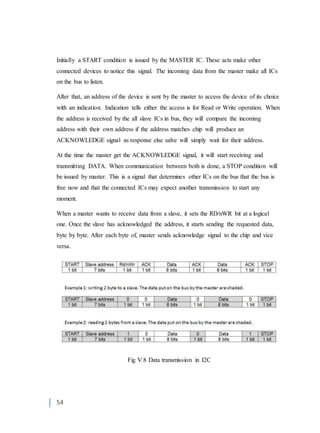 54
Initially a START condition is issued by the MASTER IC. These acts make other
connected devices to notice this signal. The incoming data from the master make all ICs
on the bus to listen.
After that, an address of the device is sent by the master to access the device of its choice
with an indication. Indication tells either the access is for Read or Write operation. When
the address is received by the all slave ICs in bus, they will compare the incoming
address with their own address if the address matches chip will produce an
ACKNOWLEDGE signal as response else salve will simply wait for their address.
At the time the master get the ACKNOWLEDGE signal, it will start receiving and
transmitting DATA. When communication between both is done, a STOP condition will
be issued by master. This is a signal that determines other ICs on the bus that the bus is
free now and that the connected ICs may expect another transmission to start any
moment.
When a master wants to receive data from a slave, it sets the RD/nWR bit at a logical
one. Once the slave has acknowledged the address, it starts sending the requested data,
byte by byte. After each byte of, master sends acknowledge signal to the chip and vice
versa.
Fig V.8 Data transmission in I2C
 