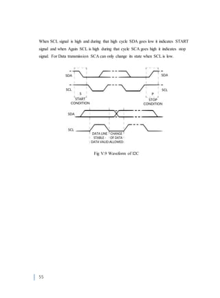 55
When SCL signal is high and during that high cycle SDA goes low it indicates START
signal and when Again SCL is high during that cycle SCA goes high it indicates stop
signal. For Data transmission SCA can only change its state when SCL is low.
Fig V.9 Waveform of I2C
 