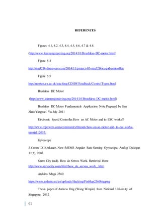 61
REFERENCES
Figures 4.1, 4.2, 4.3, 4.4, 4.5, 4.6, 4.7 & 4.8.
(http://www.learnengineering.org/2014/10/Brushless-DC-motor.html)
Figure 5.4
http://stm32f4-discovery.com/2014/11/project-03-stm32f4xx-pid-controller/
Figure 5.5
http://newton.ex.ac.uk/teaching/CDHW/Feedback/ControlTypes.html
Brushless DC Motor
(http://www.learnengineering.org/2014/10/Brushless-DC-motor.html)
Brushless DC Motor Fundamentals Application Note Prepared by Jian
Zhao/Yangwei Yu July 2011
Electronic Speed Controller.How an AC Motor and its ESC works!!
http://www.rcpowers.com/community/threads/how-an-ac-motor-and-its-esc-works-
tutorial.12057/
Gyroscope
J. Green, D. Krakauer, New iMEMS Angular Rate Sensing Gyroscope, Analog Dialogue
37(3), 2003.
Servo City (n.d). How do Servos Work. Retrieved from:
http://www.servocity.com/html/how_do_servos_work_.html
Arduino Mega 2560
https://www.arduino.cc/en/uploads/Hacking/PinMap2560big.png
Thesis paper of Andrew Ong (Wang Wenjun) from National University of
Singapore. 2012
 