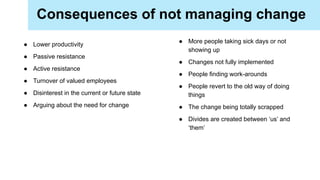 Consequences of not managing change
● More people taking sick days or not
showing up
● Changes not fully implemented
● People finding work-arounds
● People revert to the old way of doing
things
● The change being totally scrapped
● Divides are created between ‘us’ and
‘them’
● Lower productivity
● Passive resistance
● Active resistance
● Turnover of valued employees
● Disinterest in the current or future state
● Arguing about the need for change
 