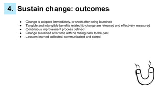 ● Change is adopted immediately, or short after being launched
● Tangible and intangible benefits related to change are released and effectively measured
● Continuous improvement process defined
● Change sustained over time with no rolling back to the past
● Lessons learned collected, communicated and stored
4. Sustain change: outcomes
 