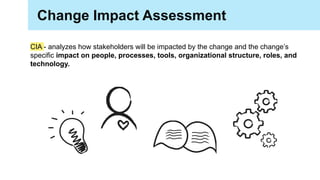 CIA - analyzes how stakeholders will be impacted by the change and the change’s
specific impact on people, processes, tools, organizational structure, roles, and
technology.
Change Impact Assessment
 