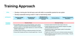 Training Approach
▪ Develop a training plan that will equip users with skills to successfully operate the new system
▪ Develop sustainable training content in order to meet training needs
GOAL
Training strategy
definition
Development of
training plan
Development of
supportive training
materials
Training Delivery
Training Tracking and
Evaluation
Train the Trainer End User Training
▪ Pre-identified trainers (Local change leads/key users) will be
trained on system functionalities and process/policy changes
▪ Educate Trainers on new system features as a result of the New
System implementation
▪ Facilitate trainers’ learning on delivering training to End Users
▪ Ensure that Company will have in-house support post Go-Live
▪ Company trainers train End Users close to Go-Live
▪ Trainers will document country-specific changes and update
training materials post Go-Live
▪ Educate End Users on New System system functionalities,
policy/process changes
▪ Prepare end users for Go-Live to minimize business disruptions
▪ Build confidence among end users by communicating the post
Go-Live support structure
TRAINING
CONTENT
APPROACH
 