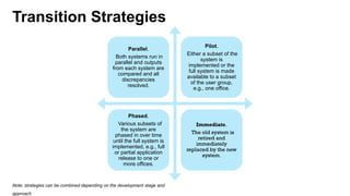 Parallel.
Both systems run in
parallel and outputs
from each system are
compared and all
discrepancies
resolved.
Pilot.
Either a subset of the
system is
implemented or the
full system is made
available to a subset
of the user group,
e.g., one office.
Phased.
Various subsets of
the system are
phased in over time
until the full system is
implemented, e.g., full
or partial application
release to one or
more offices.
Immediate.
The old system is
retired and
immediately
replaced by the new
system.
Transition Strategies
Note: strategies can be combined depending on the development stage and
approach
 