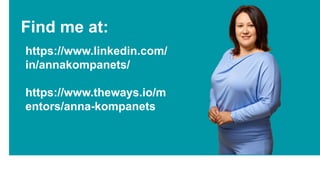 Имя Фамилия
Давайте
знакомиться
Занимаемая должность
Find me at:
https://www.linkedin.com/
in/annakompanets/
https://www.theways.io/m
entors/anna-kompanets
 