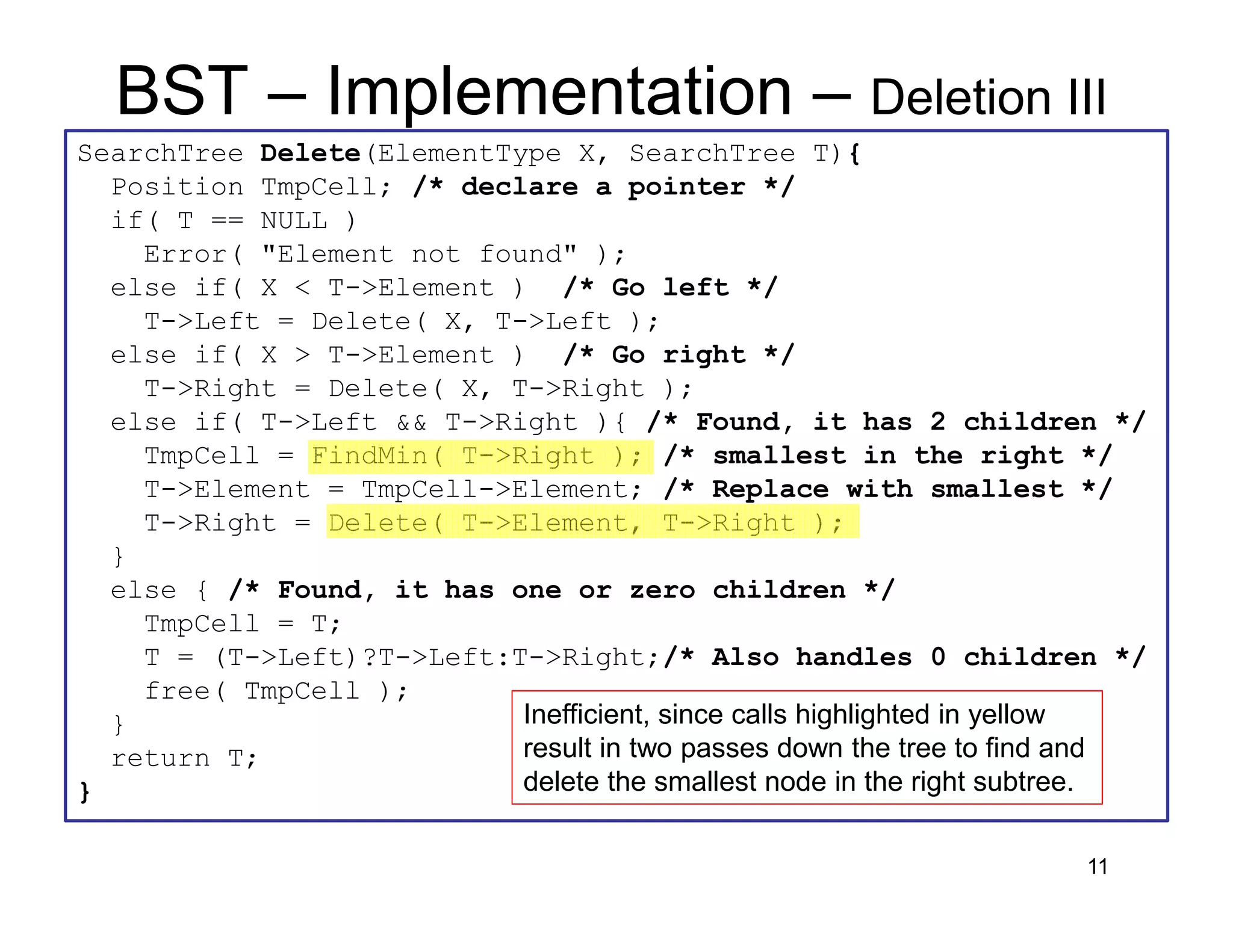 11
BST – Implementation – Deletion III
SearchTree Delete(ElementType X, SearchTree T){
Position TmpCell; /* declare a pointer */
if( T == NULL )
Error( "Element not found" );
else if( X < T->Element ) /* Go left */
T->Left = Delete( X, T->Left );
else if( X > T->Element ) /* Go right */
T->Right = Delete( X, T->Right );
else if( T->Left && T->Right ){ /* Found, it has 2 children */
TmpCell = FindMin( T->Right ); /* smallest in the right */
T->Element = TmpCell->Element; /* Replace with smallest */
T->Right = Delete( T->Element, T->Right );
}
else { /* Found, it has one or zero children */
TmpCell = T;
T = (T->Left)?T->Left:T->Right;/* Also handles 0 children */
free( TmpCell );
}
return T;
}
Inefficient, since calls highlighted in yellow
result in two passes down the tree to find and
delete the smallest node in the right subtree.
 