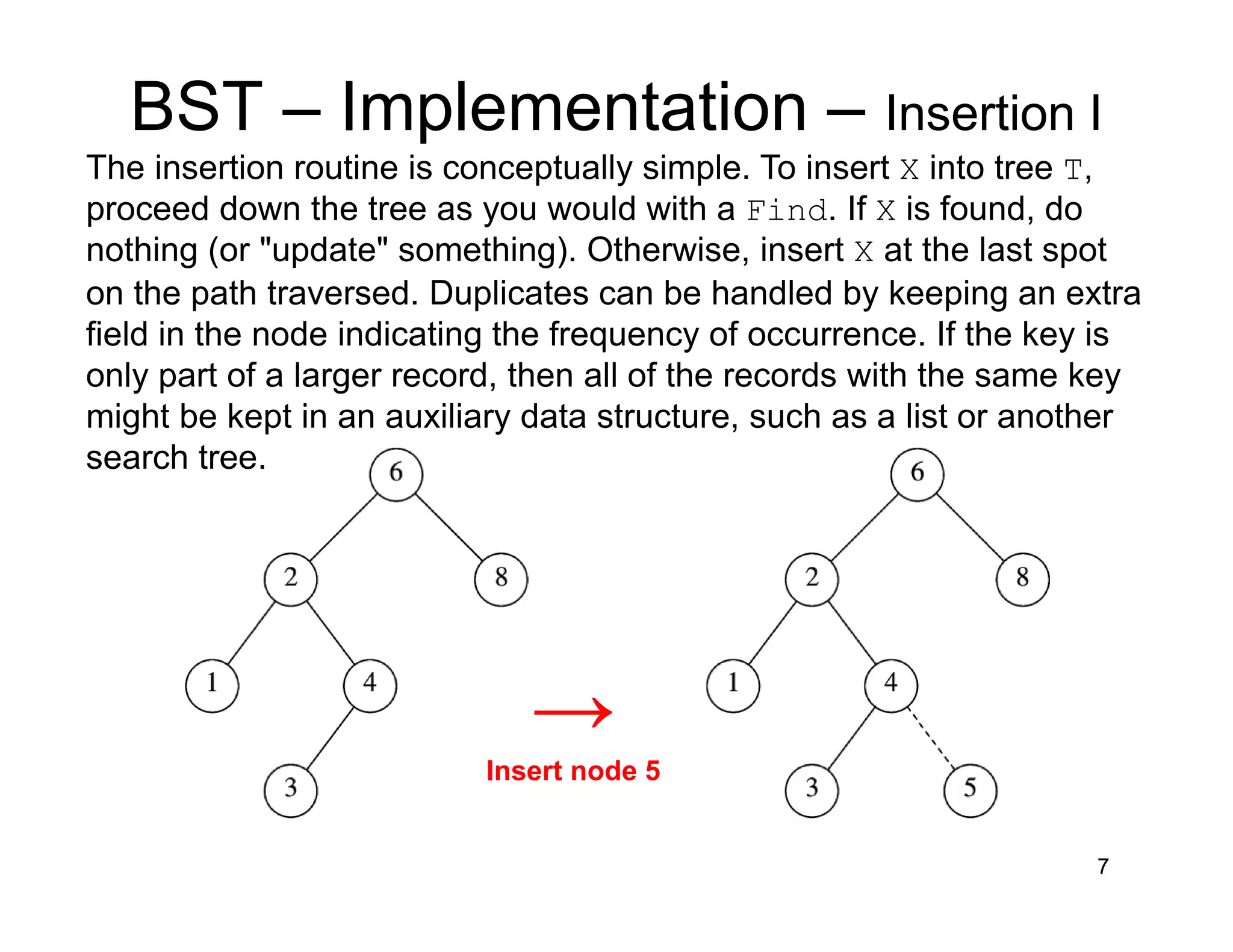 7
BST – Implementation – Insertion I
The insertion routine is conceptually simple. To insert X into tree T,
proceed down the tree as you would with a Find. If X is found, do
nothing (or "update" something). Otherwise, insert X at the last spot
on the path traversed. Duplicates can be handled by keeping an extra
field in the node indicating the frequency of occurrence. If the key is
only part of a larger record, then all of the records with the same key
might be kept in an auxiliary data structure, such as a list or another
search tree.
→
Insert node 5
 