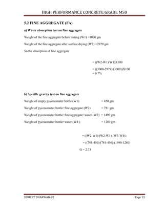HIGH PERFORMANCE CONCRETE GRADE M50
SDMCET DHARWAD-02 Page 13
5.2 FINE AGGREGATE (FA)
a) Water absorption test on fine aggregate
Weight of the fine aggregate before testing (W1) =1000 gm
Weight of the fine aggregate after surface drying (W2) =2979 gm
So the absorption of fine aggregate
= ((W2-W1)/W1)X100
= ((3000-2979)/(3000))X100
= 0.7%
b) Specific gravity test on fine aggregate
Weight of empty pyconomater bottle (W1) = 450 gm
Weight of pyconometer bottle+fine aggregate (W2) = 781 gm
Weight of pyconometer bottle+fine aggregate+water (W3) = 1490 gm
Weight of pyconometer bottle+water (W4 ) = 1280 gm
= ((W2-W1)/(W2-W1)-(W3-W4))
= ((781-450)/(781-450)-(1490-1280)
G = 2.73
 