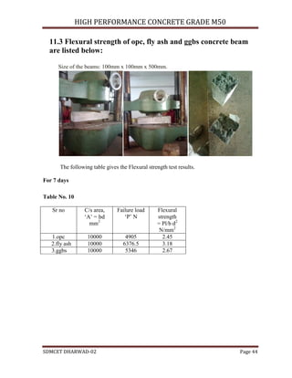 HIGH PERFORMANCE CONCRETE GRADE M50
SDMCET DHARWAD-02 Page 44
11.3 Flexural strength of opc, fly ash and ggbs concrete beam
are listed below:
Size of the beams: 100mm x 100mm x 500mm.
The following table gives the Flexural strength test results.
For 7 days
Table No. 10
Sr no C/s area,
‘A’ =
mm2
Failure load
‘P’ N
Flexural
strength
= Pl/b 2
N/mm2
1.opc 10000 4905 2.45
2.fly ash 10000 6376.5 3.18
3.ggbs 10000 5346 2.67
 