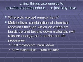 Living things use energy to
grow/develop/reproduce… or just stay alive

 Where do we get energy from?
 Metabolism: combination of chemical
 reactions through which an organism
 builds up and breaks down materials (will
 release energy) as it carries out life
 processes
     Fast metabolism- break down
     Slow metabolism – store for later
 