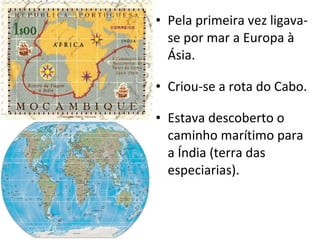 Pela primeira vez ligava-se por mar a Europa à Ásia. Criou-se a rota do Cabo. Estava descoberto o caminho marítimo para a Índia (terra das especiarias). 