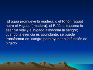El agua promueve la madera, o el Riñón (agua)
nutre el Hígado ( madera), el Riñón almacena la
esencia vital y el hígado almacena la sangre;
cuando la esencia es abundante, se puede
transformar en sangre para ayudar a la función de
hígado.
 