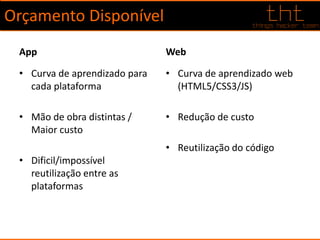 Orçamento Disponível
App
• Curva de aprendizado para
cada plataforma
• Mão de obra distintas /
Maior custo
• Dificil/impossível
reutilização entre as
plataformas
Web
• Curva de aprendizado web
(HTML5/CSS3/JS)
• Redução de custo
• Reutilização do código
 