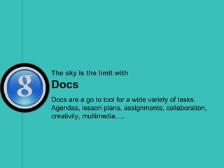 The sky is the limit with
Docs
Docs are a go to tool for a wide variety of tasks.
Agendas, lesson plans, assignments, collaboration,
creativity, multimedia.....
 