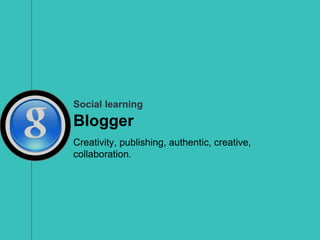 Social learning
Blogger
Creativity, publishing, authentic, creative,
collaboration.
 