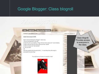 Google Blogger: Class blogroll
Class blogroll.
Provides access
to everyone in
the class.
 