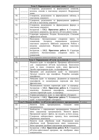 Тема 3. Опрацювання текстових даних (7 годин)
9.
__.__.__
Створення, редагування та форматування символів,
колонок, списків в текстовому документі. Недруковані
знаки.
10.
__.__.__
Створення, редагування та форматування таблиць в
текстовому документі.
11. __.__.__ Створення, редагування та форматування графічних
об’єктів в текстовому документі.
12.
__.__.__
Створення, редагування та форматування формул в
текстовому документі.
Інструктаж з БЖД. Практична робота 4. Створення
текстового документа, що містить об’єкти різних типів.
13.
__.__.__
Структура документа. Розділи. Колонтитули. Стильове
оформлення абзаців.
14.
__.__.__
Посилання. Автоматизоване створення змісту та
покажчиків. Алгоритм опрацювання складного
текстового документа. Шаблони документів. Робота з
кількома документами. Формати файлів текстових
документів.
Інструктаж з БЖД. Практична робота 5. Структура
документа. Автоматизоване створення змісту та
покажчиків.
15. __.__.__ Розв’язування компетентнісних задач.
Тема 4. Опрацювання об’єктів мультимедіа (6 годин)
16.
__.__.__
Формати аудіо- та відеофайлів. Програмне забезпечення
для опрацювання об’єктів мультимедіа. Захоплення
аудіо та відео, створення аудіо-, відео фрагментів.
Засоби перетворення аудіо- та відеоформатів.
17.
__.__.__
Програми для редагування аудіо- та відеоданих.
Загальні поняття про відеофільм. Розробка сценарію
відеофільму.
18.
__.__.__
Побудова аудіо- та відеоряду. Додавання до відеокліпу
відеоефектів та налаштування переходів між його
фрагментами.
19.
__.__.__
Налаштування часових параметрів аудіо- та відеоряду.
Інструктаж з БЖД. Практична робота 6. Створення
відеокліпу. Додавання відеоефектів, налаштування
часових параметрів аудіо- та відеоряду.
20. __.__.__ Сервіси розміщення аудіо та відео файлів в Інтернеті.
21.
__.__.__
Інструктаж з БЖД. Практична робота 7. Розміщення
аудіо- та відеоматеріалів в Інтернеті.
Тема 5. Основи подійно- та об'єктно-орієнтованого програмування (9 годин)
22.
__.__.__
Поняття мови програмування. Складові мови
програмування.
23.
__.__.__
Знайомство з середовищем програмування. Елементи
вікна середовища програмування. Поняття форми.
Програмний проект і файли, що входять до його складу.
Створення найпростішого проекту, його компіляція,
збереження, виконання.
24.
__.__.__
Поняття події, обробника події. Редагування коду
обробника події. Використання вікон повідомлень.
Запис програми засобами середовища програмування.
25.
__.__.__
Інструктаж з БЖД. Практична робота № 8. Створення
об’єктно-орієнтованої програми, що відображає вікно
повідомлення.
 