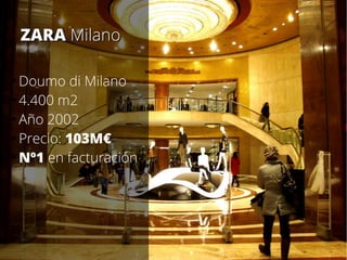 ZARA Milano
Doumo di Milano
●
4.400 m2
●
Año 2002
●
Precio: 103M€
●
Nº1 en facturación
●

 