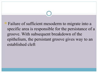 Failure of sufficient mesoderm to migrate into a
specific area is responsible for the persistance of a
groove. With subsequent breakdown of the
epithelium, the persistant groove gives way to an
established cleft
 